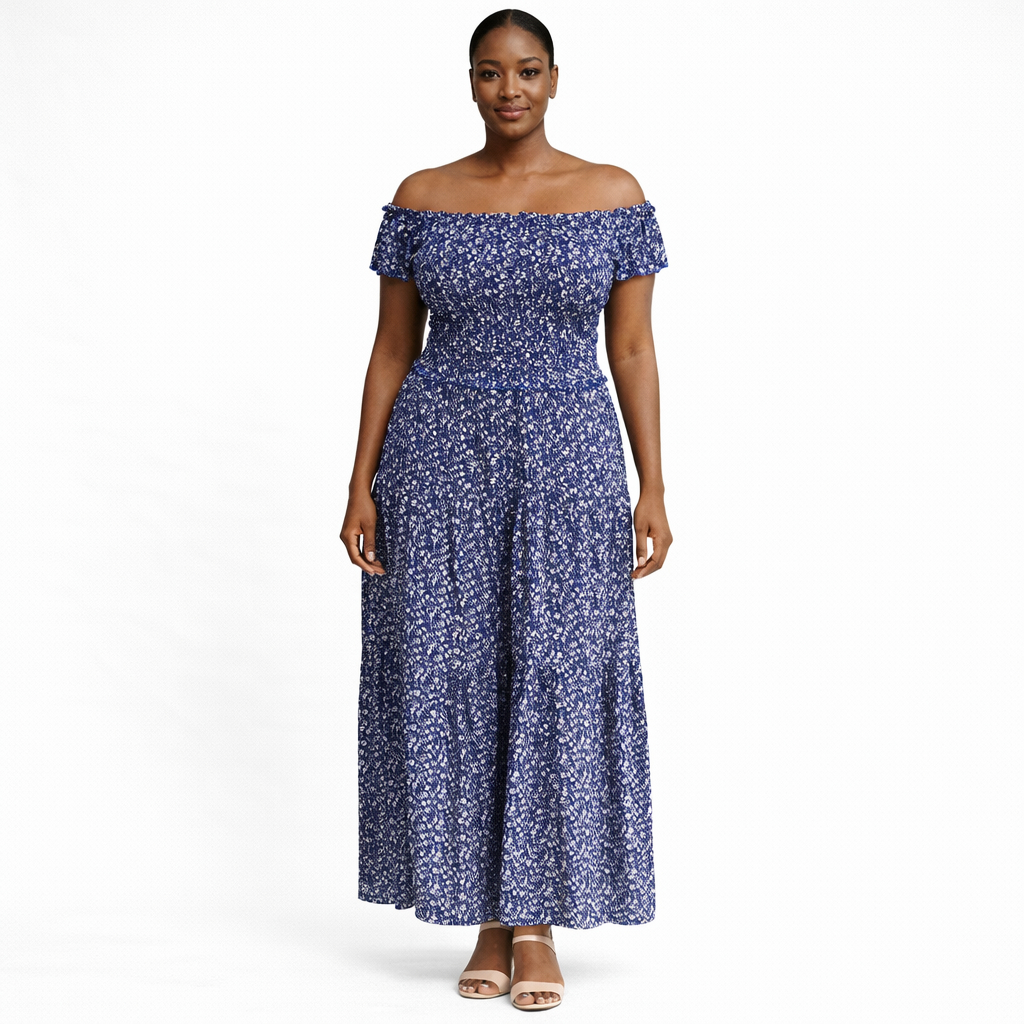 Womens Blue Floral Off Shoulder Smocked Maxi Dress